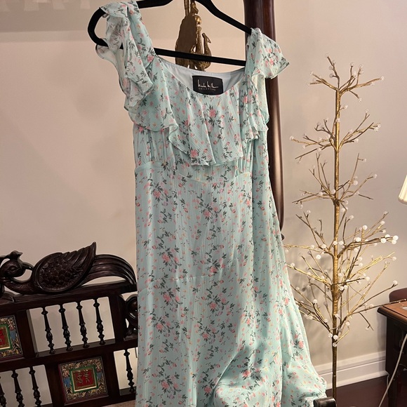 Nicole Miller floaty pale green chiffon dress with ruffle collar, asymmetric hem - Picture 1 of 13